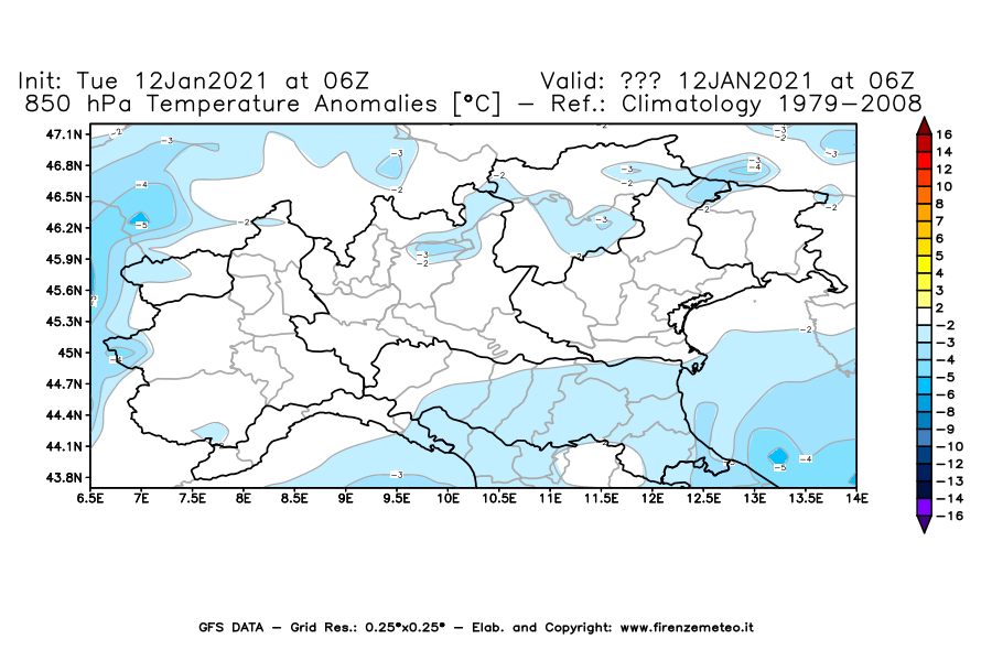 Mappa di analisi GFS - Anomalia Temperatura [°C] a 850 hPa in Nord-Italia
							del 12/01/2021 06 <!--googleoff: index-->UTC<!--googleon: index-->