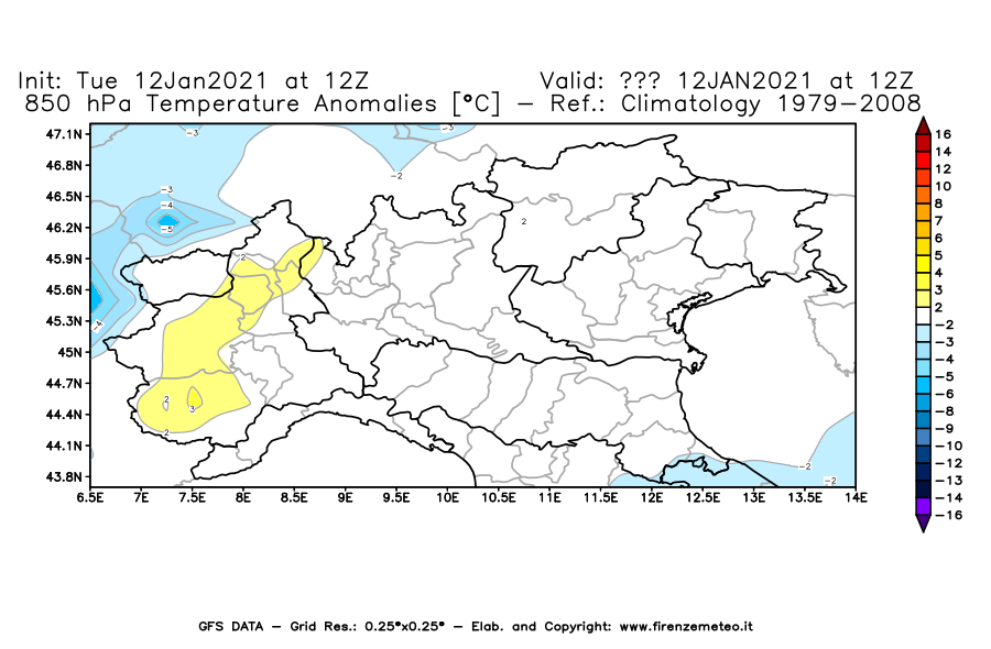 Mappa di analisi GFS - Anomalia Temperatura [°C] a 850 hPa in Nord-Italia
									del 12/01/2021 12 <!--googleoff: index-->UTC<!--googleon: index-->