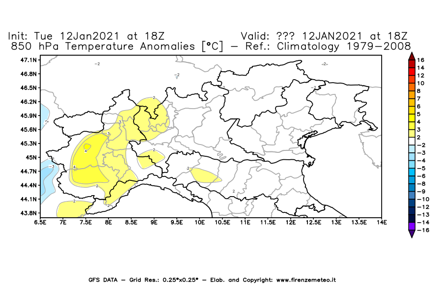 Mappa di analisi GFS - Anomalia Temperatura [°C] a 850 hPa in Nord-Italia
									del 12/01/2021 18 <!--googleoff: index-->UTC<!--googleon: index-->