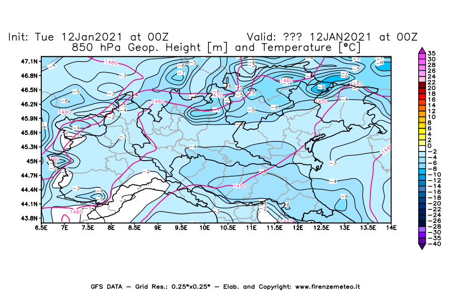 Mappa di analisi GFS - Geopotenziale [m] e Temperatura [°C] a 850 hPa in Nord-Italia
							del 12/01/2021 00 <!--googleoff: index-->UTC<!--googleon: index-->