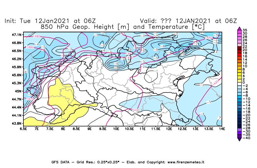 Mappa di analisi GFS - Geopotenziale [m] e Temperatura [°C] a 850 hPa in Nord-Italia
							del 12/01/2021 06 <!--googleoff: index-->UTC<!--googleon: index-->