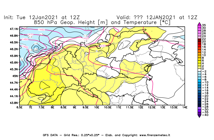 Mappa di analisi GFS - Geopotenziale [m] e Temperatura [°C] a 850 hPa in Nord-Italia
							del 12/01/2021 12 <!--googleoff: index-->UTC<!--googleon: index-->