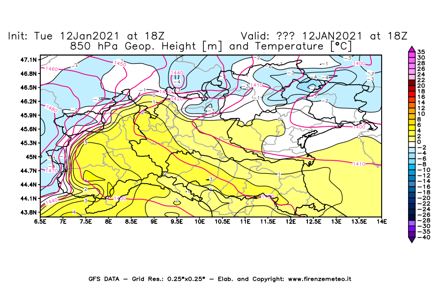 Mappa di analisi GFS - Geopotenziale [m] e Temperatura [°C] a 850 hPa in Nord-Italia
							del 12/01/2021 18 <!--googleoff: index-->UTC<!--googleon: index-->
