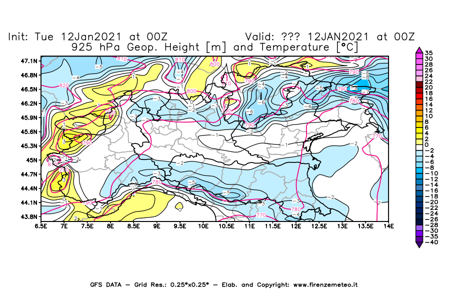 Mappa di analisi GFS - Geopotenziale [m] e Temperatura [°C] a 925 hPa in Nord-Italia
							del 12/01/2021 00 <!--googleoff: index-->UTC<!--googleon: index-->