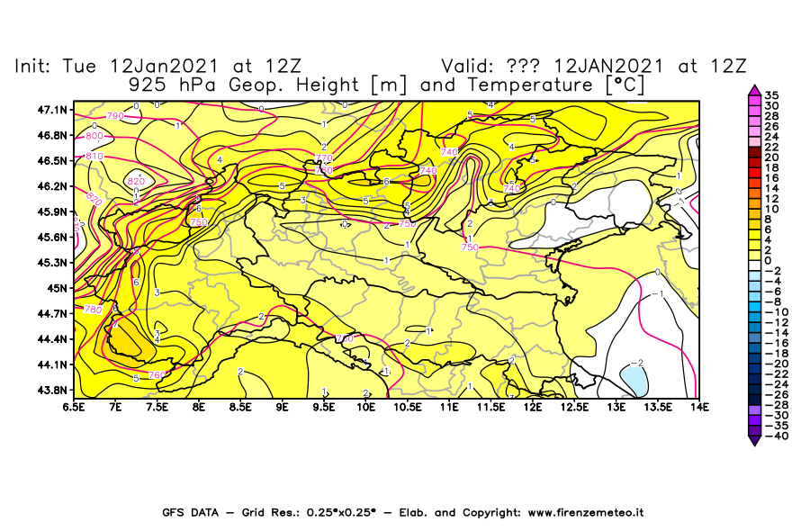 Mappa di analisi GFS - Geopotenziale [m] e Temperatura [°C] a 925 hPa in Nord-Italia
									del 12/01/2021 12 <!--googleoff: index-->UTC<!--googleon: index-->