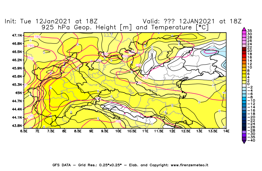 Mappa di analisi GFS - Geopotenziale [m] e Temperatura [°C] a 925 hPa in Nord-Italia
							del 12/01/2021 18 <!--googleoff: index-->UTC<!--googleon: index-->