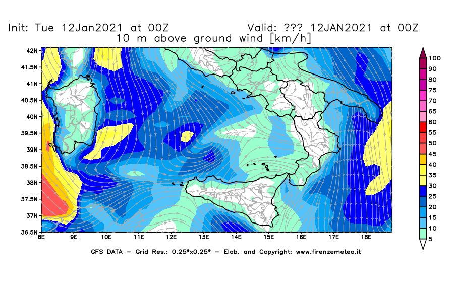 Mappa di analisi GFS - Velocità del vento a 10 metri dal suolo [km/h] in Sud-Italia
									del 12/01/2021 00 <!--googleoff: index-->UTC<!--googleon: index-->