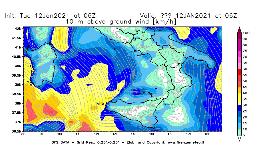 Mappa di analisi GFS - Velocità del vento a 10 metri dal suolo [km/h] in Sud-Italia
							del 12/01/2021 06 <!--googleoff: index-->UTC<!--googleon: index-->