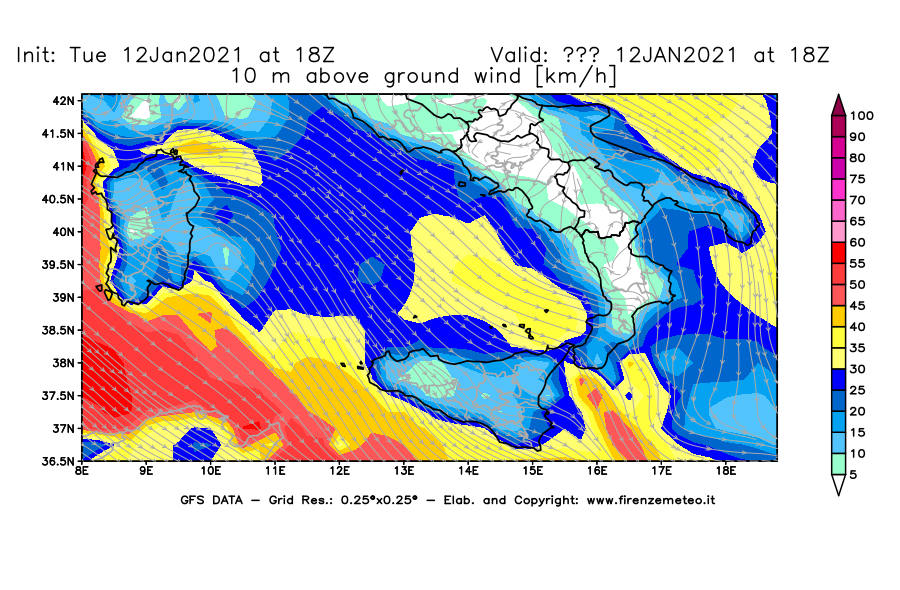 Mappa di analisi GFS - Velocità del vento a 10 metri dal suolo [km/h] in Sud-Italia
							del 12/01/2021 18 <!--googleoff: index-->UTC<!--googleon: index-->