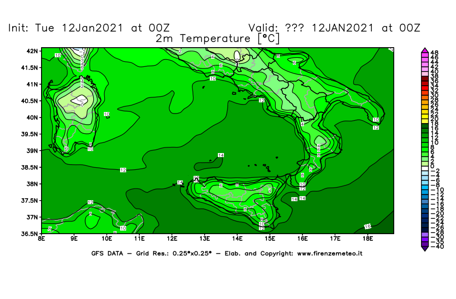 Mappa di analisi GFS - Temperatura a 2 metri dal suolo [°C] in Sud-Italia
									del 12/01/2021 00 <!--googleoff: index-->UTC<!--googleon: index-->