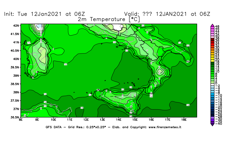 Mappa di analisi GFS - Temperatura a 2 metri dal suolo [°C] in Sud-Italia
							del 12/01/2021 06 <!--googleoff: index-->UTC<!--googleon: index-->