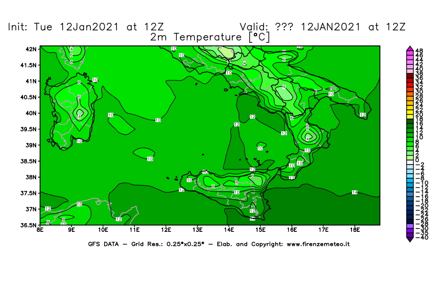 Mappa di analisi GFS - Temperatura a 2 metri dal suolo [°C] in Sud-Italia
							del 12/01/2021 12 <!--googleoff: index-->UTC<!--googleon: index-->