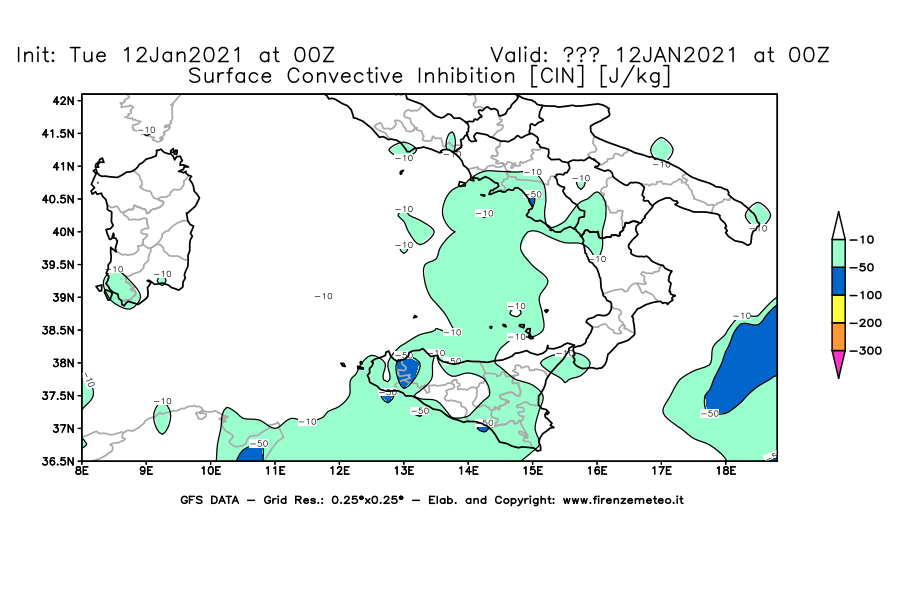 Mappa di analisi GFS - CIN [J/kg] in Sud-Italia
							del 12/01/2021 00 <!--googleoff: index-->UTC<!--googleon: index-->