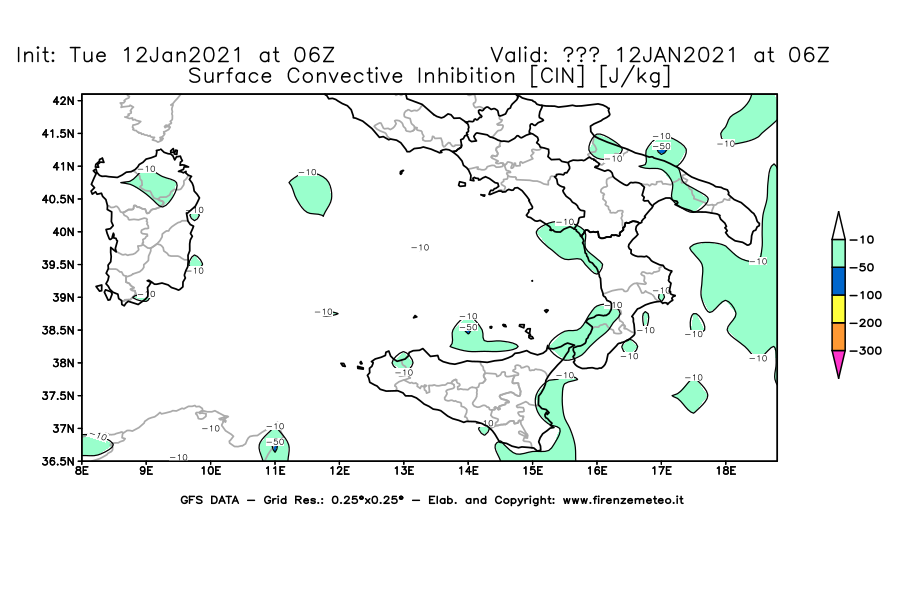 Mappa di analisi GFS - CIN [J/kg] in Sud-Italia
							del 12/01/2021 06 <!--googleoff: index-->UTC<!--googleon: index-->