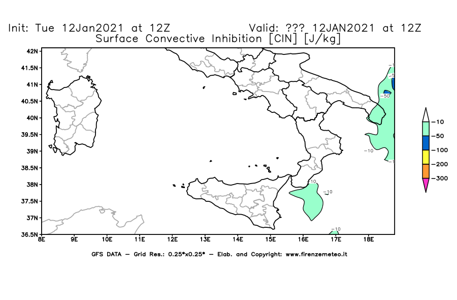 Mappa di analisi GFS - CIN [J/kg] in Sud-Italia
									del 12/01/2021 12 <!--googleoff: index-->UTC<!--googleon: index-->