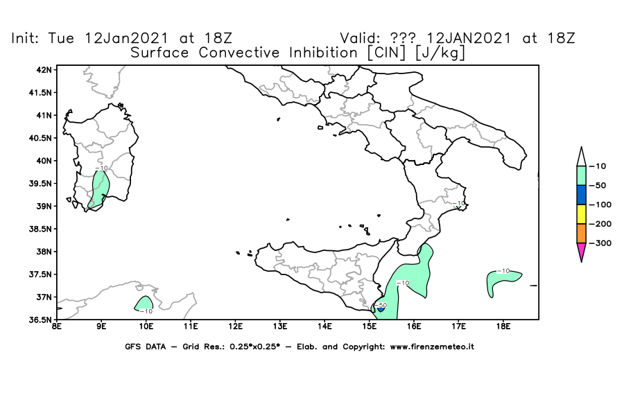 Mappa di analisi GFS - CIN [J/kg] in Sud-Italia
									del 12/01/2021 18 <!--googleoff: index-->UTC<!--googleon: index-->