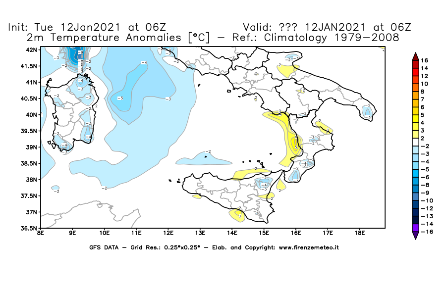 Mappa di analisi GFS - Anomalia Temperatura [°C] a 2 m in Sud-Italia
									del 12/01/2021 06 <!--googleoff: index-->UTC<!--googleon: index-->