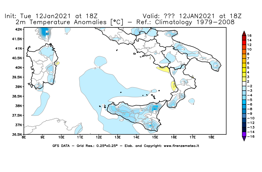 Mappa di analisi GFS - Anomalia Temperatura [°C] a 2 m in Sud-Italia
									del 12/01/2021 18 <!--googleoff: index-->UTC<!--googleon: index-->