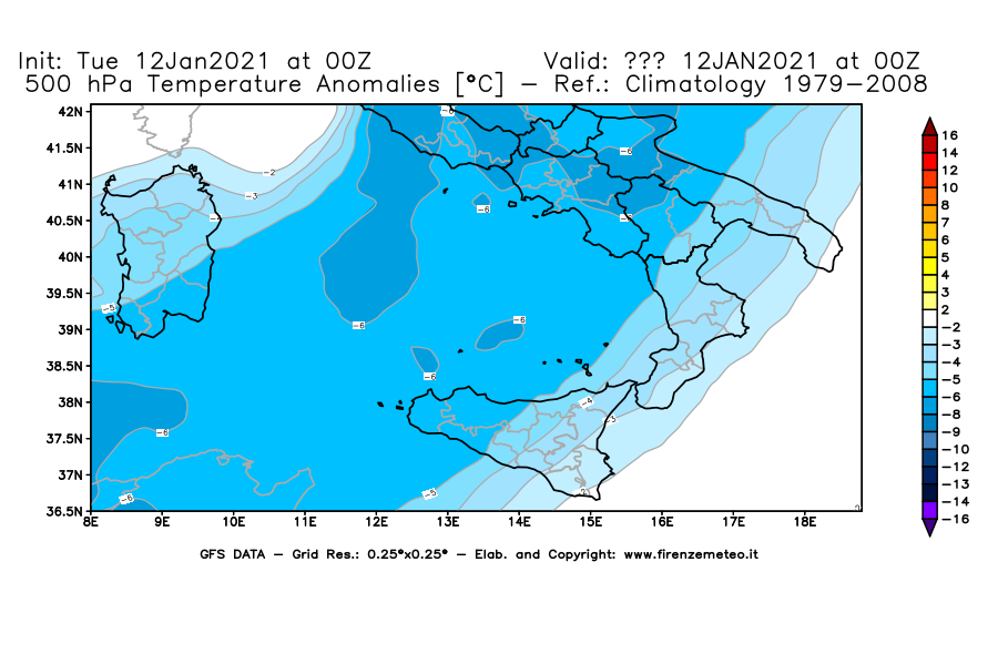 Mappa di analisi GFS - Anomalia Temperatura [°C] a 500 hPa in Sud-Italia
									del 12/01/2021 00 <!--googleoff: index-->UTC<!--googleon: index-->