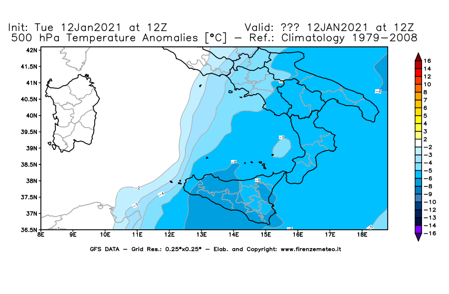 Mappa di analisi GFS - Anomalia Temperatura [°C] a 500 hPa in Sud-Italia
							del 12/01/2021 12 <!--googleoff: index-->UTC<!--googleon: index-->