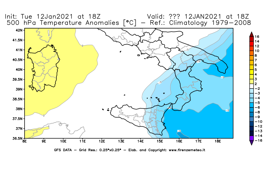 Mappa di analisi GFS - Anomalia Temperatura [°C] a 500 hPa in Sud-Italia
							del 12/01/2021 18 <!--googleoff: index-->UTC<!--googleon: index-->