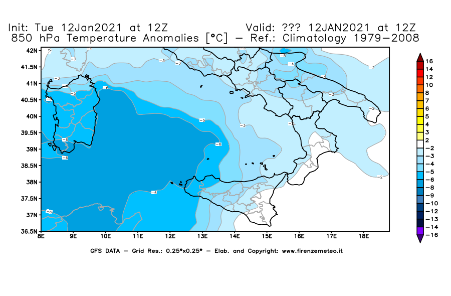 Mappa di analisi GFS - Anomalia Temperatura [°C] a 850 hPa in Sud-Italia
									del 12/01/2021 12 <!--googleoff: index-->UTC<!--googleon: index-->
