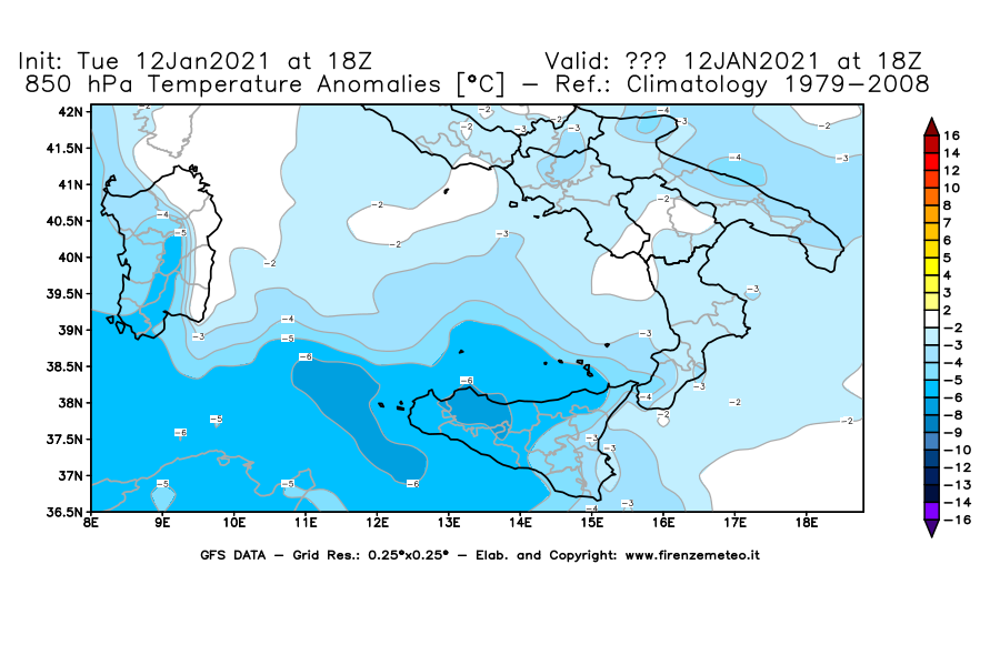 Mappa di analisi GFS - Anomalia Temperatura [°C] a 850 hPa in Sud-Italia
							del 12/01/2021 18 <!--googleoff: index-->UTC<!--googleon: index-->