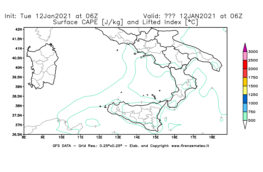 Mappa di analisi GFS - CAPE [J/kg] e Lifted Index [°C] in Sud-Italia
									del 12/01/2021 06 <!--googleoff: index-->UTC<!--googleon: index-->