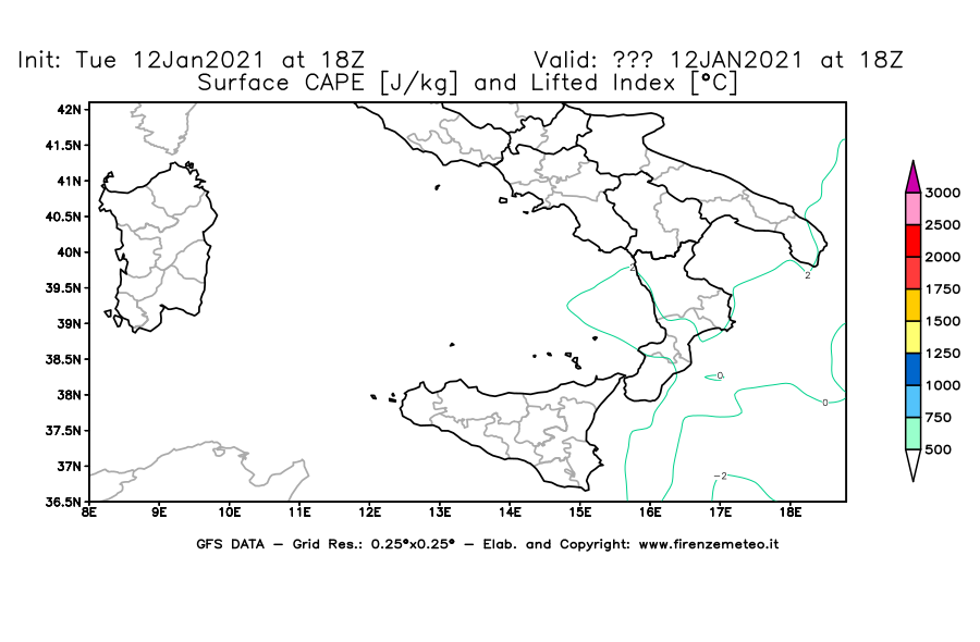 Mappa di analisi GFS - CAPE [J/kg] e Lifted Index [°C] in Sud-Italia
									del 12/01/2021 18 <!--googleoff: index-->UTC<!--googleon: index-->