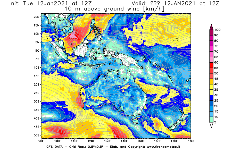 Mappa di analisi GFS - Velocità del vento a 10 metri dal suolo [km/h] in Oceania
									del 12/01/2021 12 <!--googleoff: index-->UTC<!--googleon: index-->