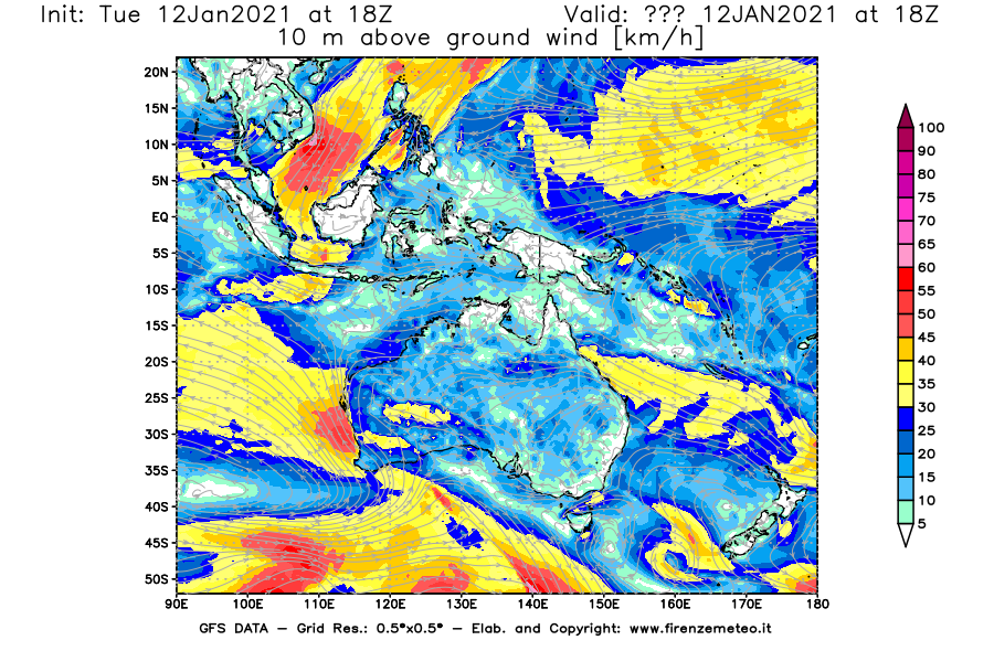 Mappa di analisi GFS - Velocità del vento a 10 metri dal suolo [km/h] in Oceania
							del 12/01/2021 18 <!--googleoff: index-->UTC<!--googleon: index-->