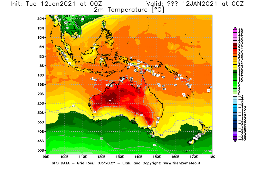 Mappa di analisi GFS - Temperatura a 2 metri dal suolo [°C] in Oceania
									del 12/01/2021 00 <!--googleoff: index-->UTC<!--googleon: index-->