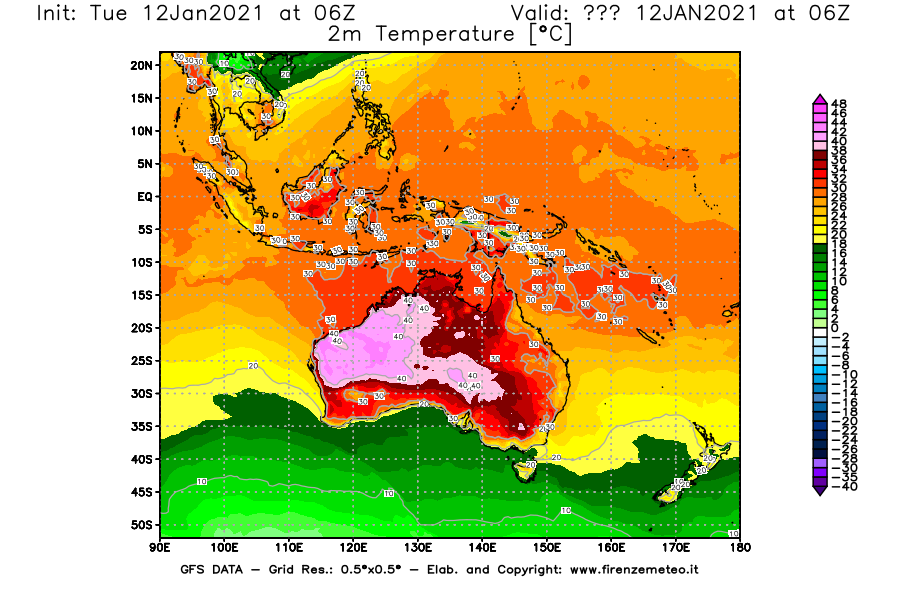 Mappa di analisi GFS - Temperatura a 2 metri dal suolo [°C] in Oceania
									del 12/01/2021 06 <!--googleoff: index-->UTC<!--googleon: index-->