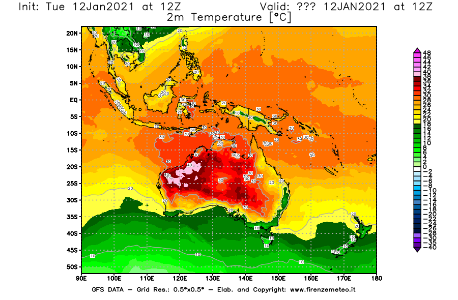 Mappa di analisi GFS - Temperatura a 2 metri dal suolo [°C] in Oceania
							del 12/01/2021 12 <!--googleoff: index-->UTC<!--googleon: index-->