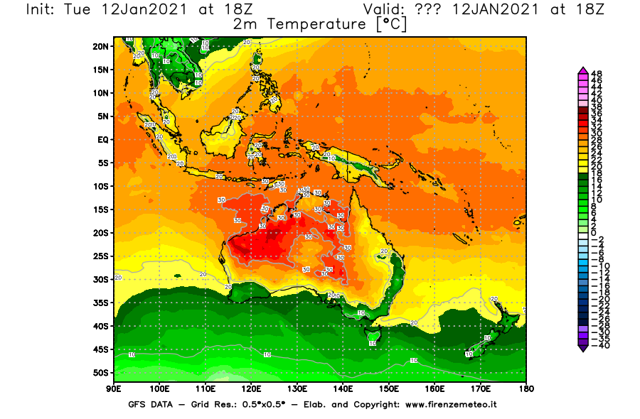 Mappa di analisi GFS - Temperatura a 2 metri dal suolo [°C] in Oceania
									del 12/01/2021 18 <!--googleoff: index-->UTC<!--googleon: index-->