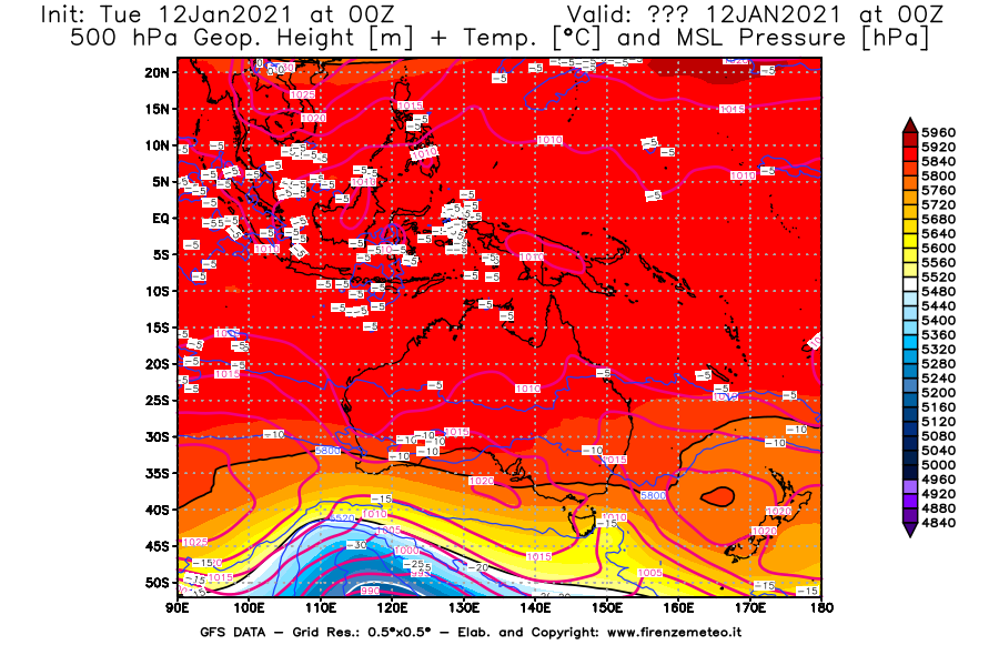 Mappa di analisi GFS - Geopotenziale [m] + Temp. [°C] a 500 hPa + Press. a livello del mare [hPa] in Oceania
							del 12/01/2021 00 <!--googleoff: index-->UTC<!--googleon: index-->