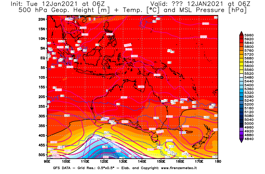 Mappa di analisi GFS - Geopotenziale [m] + Temp. [°C] a 500 hPa + Press. a livello del mare [hPa] in Oceania
							del 12/01/2021 06 <!--googleoff: index-->UTC<!--googleon: index-->