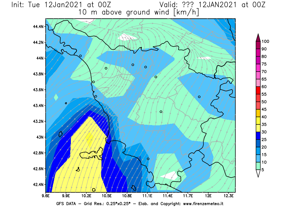Mappa di analisi GFS - Velocità del vento a 10 metri dal suolo [km/h] in Toscana
									del 12/01/2021 00 <!--googleoff: index-->UTC<!--googleon: index-->