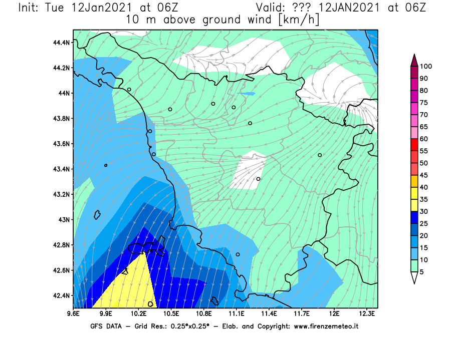 Mappa di analisi GFS - Velocità del vento a 10 metri dal suolo [km/h] in Toscana
									del 12/01/2021 06 <!--googleoff: index-->UTC<!--googleon: index-->