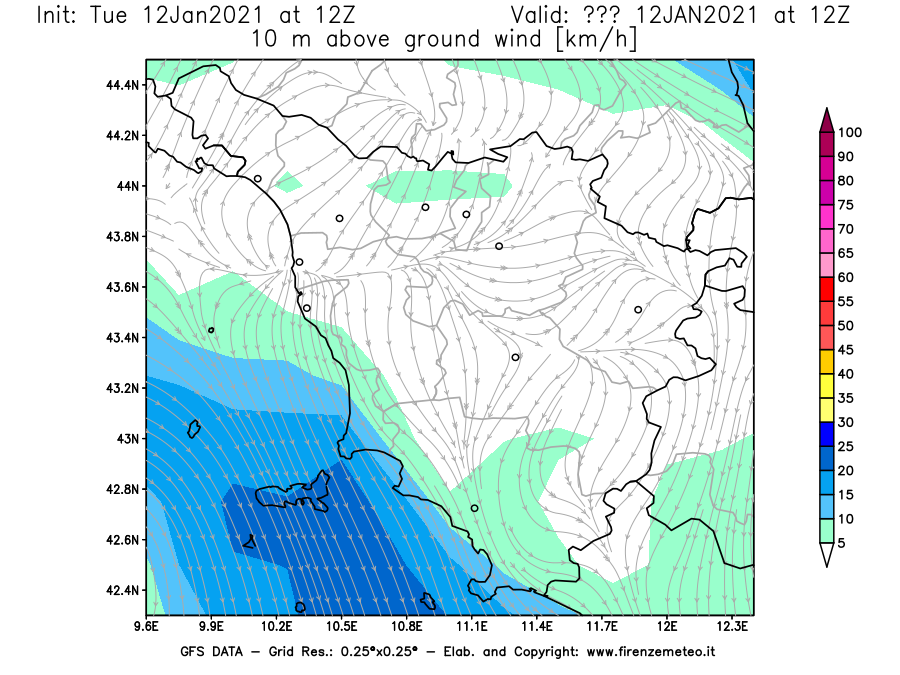 Mappa di analisi GFS - Velocità del vento a 10 metri dal suolo [km/h] in Toscana
									del 12/01/2021 12 <!--googleoff: index-->UTC<!--googleon: index-->