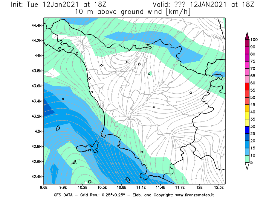 Mappa di analisi GFS - Velocità del vento a 10 metri dal suolo [km/h] in Toscana
									del 12/01/2021 18 <!--googleoff: index-->UTC<!--googleon: index-->