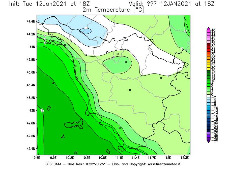 Mappa di analisi GFS - Temperatura a 2 metri dal suolo [°C] in Toscana
							del 12/01/2021 18 <!--googleoff: index-->UTC<!--googleon: index-->
