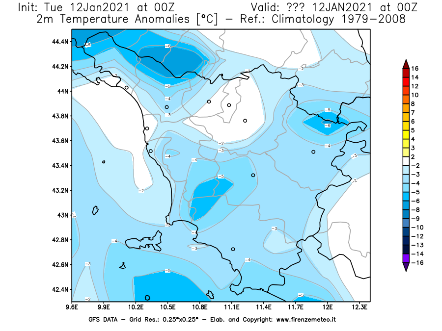 Mappa di analisi GFS - Anomalia Temperatura [°C] a 2 m in Toscana
									del 12/01/2021 00 <!--googleoff: index-->UTC<!--googleon: index-->