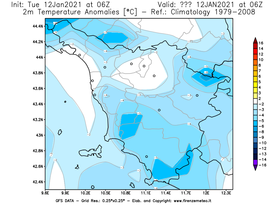 Mappa di analisi GFS - Anomalia Temperatura [°C] a 2 m in Toscana
							del 12/01/2021 06 <!--googleoff: index-->UTC<!--googleon: index-->