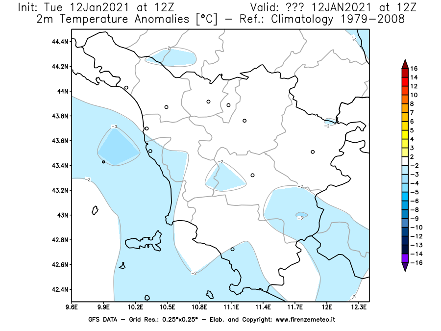 Mappa di analisi GFS - Anomalia Temperatura [°C] a 2 m in Toscana
							del 12/01/2021 12 <!--googleoff: index-->UTC<!--googleon: index-->