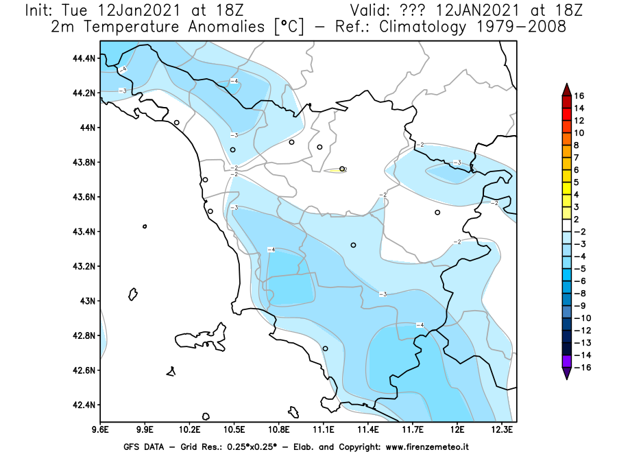 Mappa di analisi GFS - Anomalia Temperatura [°C] a 2 m in Toscana
									del 12/01/2021 18 <!--googleoff: index-->UTC<!--googleon: index-->