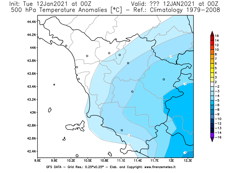 Mappa di analisi GFS - Anomalia Temperatura [°C] a 500 hPa in Toscana
									del 12/01/2021 00 <!--googleoff: index-->UTC<!--googleon: index-->