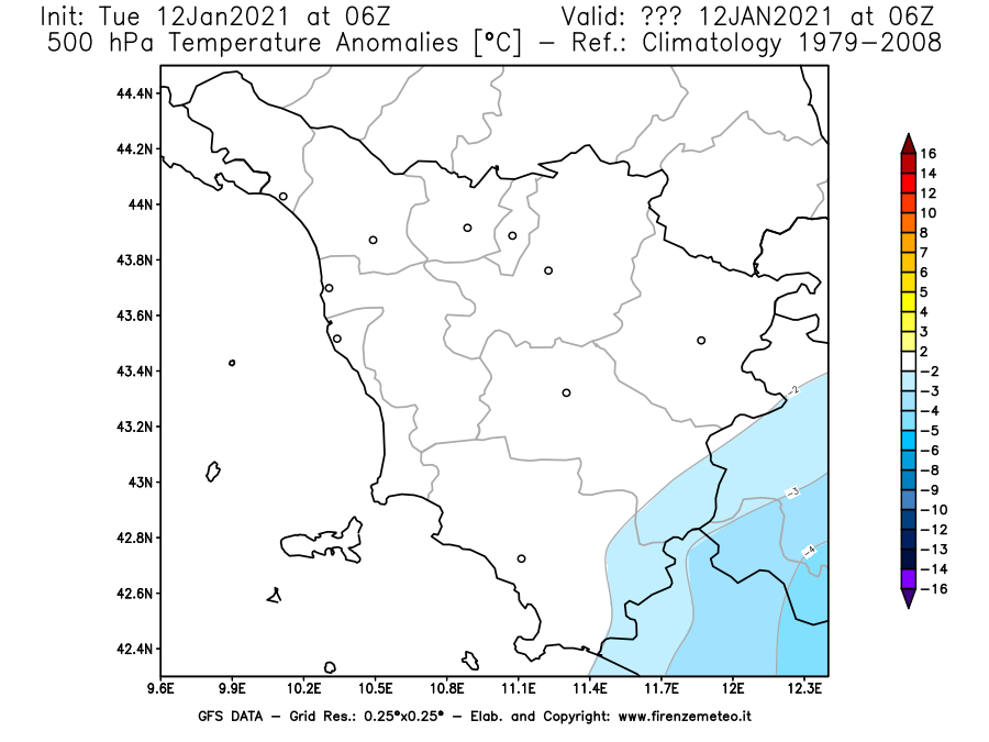 Mappa di analisi GFS - Anomalia Temperatura [°C] a 500 hPa in Toscana
							del 12/01/2021 06 <!--googleoff: index-->UTC<!--googleon: index-->
