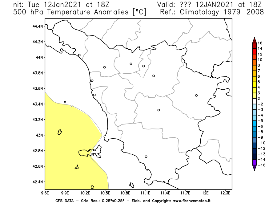Mappa di analisi GFS - Anomalia Temperatura [°C] a 500 hPa in Toscana
							del 12/01/2021 18 <!--googleoff: index-->UTC<!--googleon: index-->