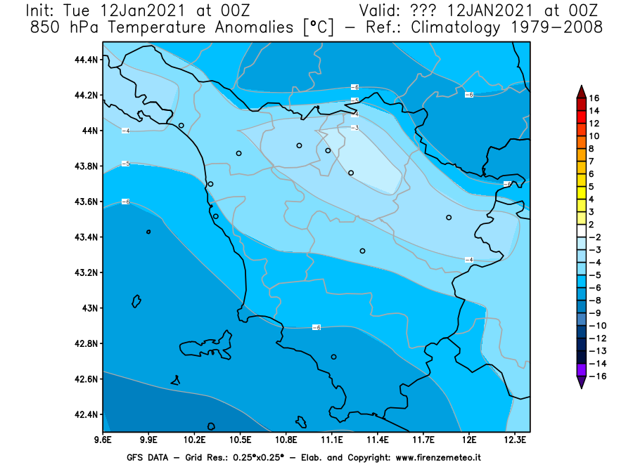 Mappa di analisi GFS - Anomalia Temperatura [°C] a 850 hPa in Toscana
							del 12/01/2021 00 <!--googleoff: index-->UTC<!--googleon: index-->